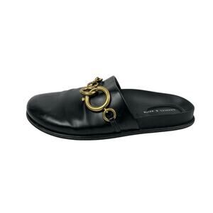 Charles & Keith Black Gold Chain Accent Slip On Round Toe Flats Mules 37 US 7